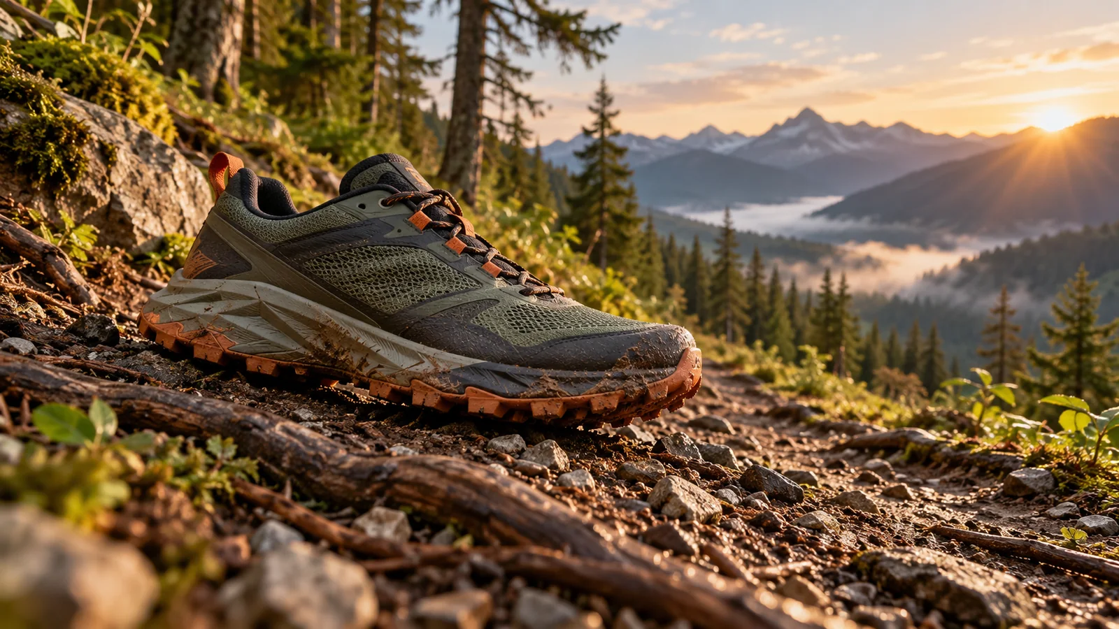 Chaussure de trail générique posée sur un sentier qui mêle gravier, terre et racines, avec une crête en arrière-plan