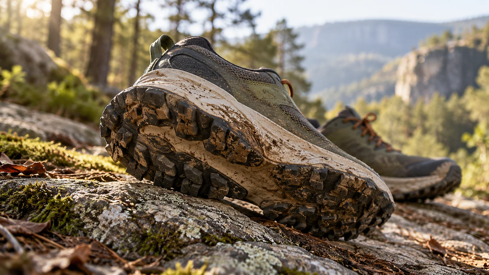 Semelle d’une chaussure de trail générique montrant ses crampons et ses zones de contact après des sorties