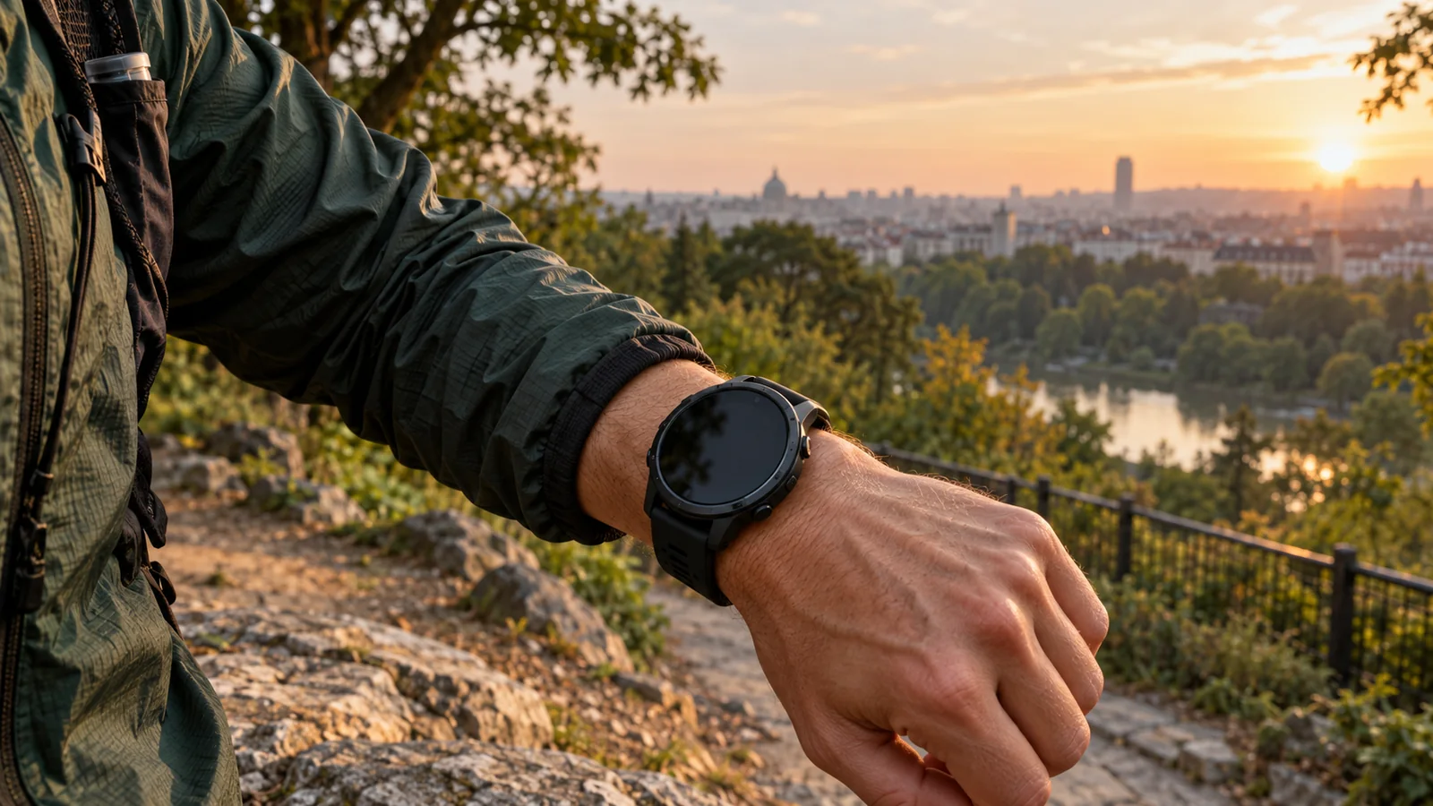 Montre GPS générique portée au poignet à la lisière d’un parc urbain au lever du jour