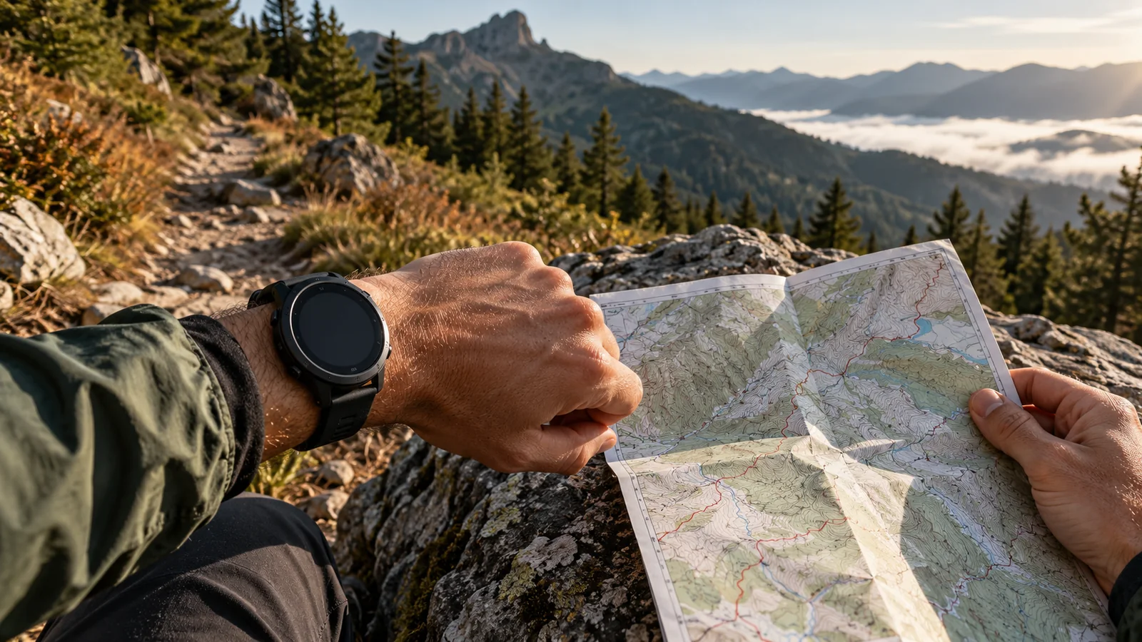 Montre GPS générique au poignet à côté d’une carte topographique sur un sentier de montagne