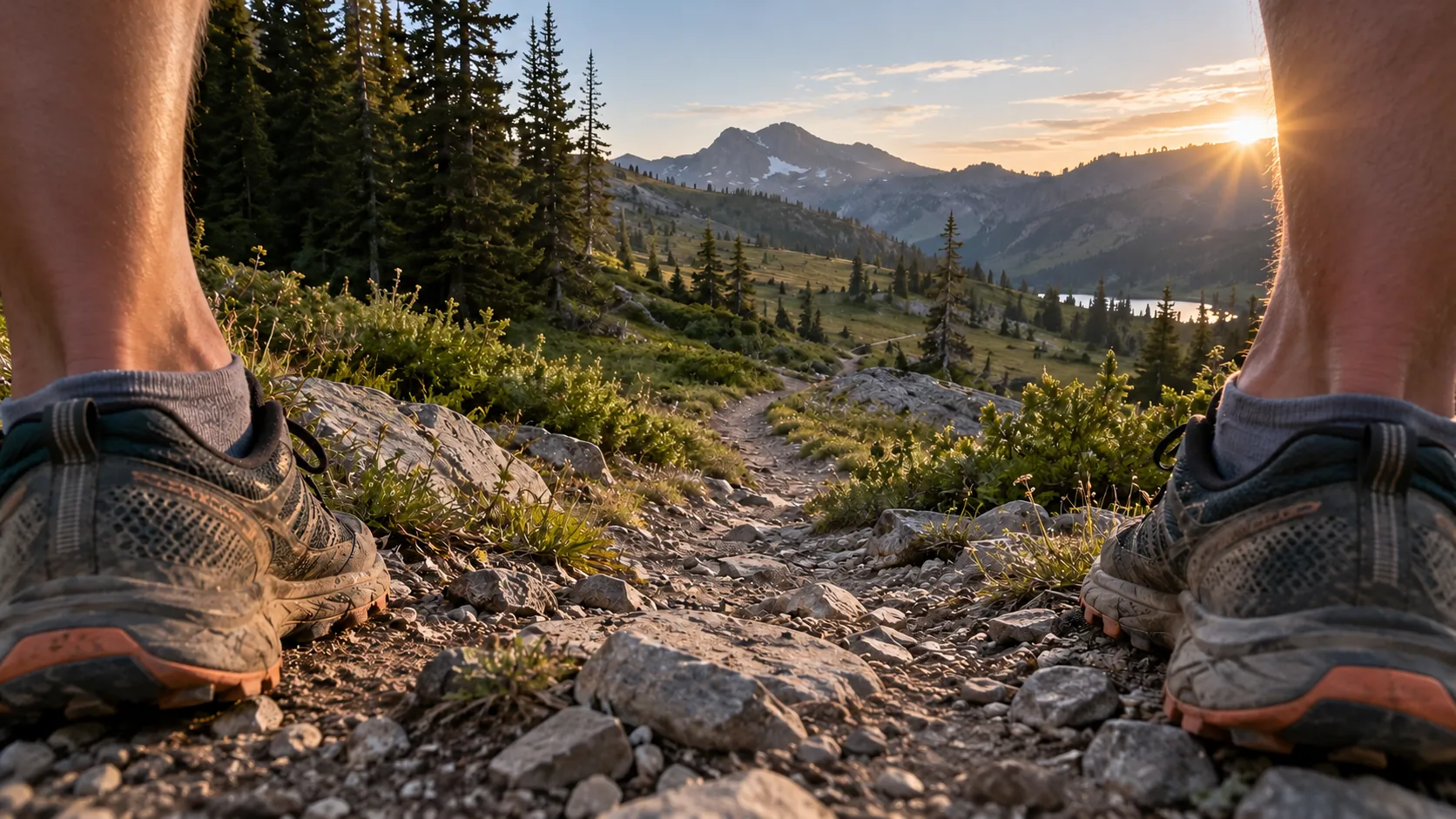 Deux talons de chaussures de trail encadrent un sentier rocailleux qui s’ouvre entre les pieds vers une forêt et une montagne au lever du soleil